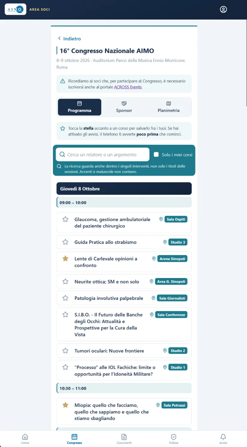 Programma del Congresso nella Web App AIMO con sessioni della giornata e sale associate.