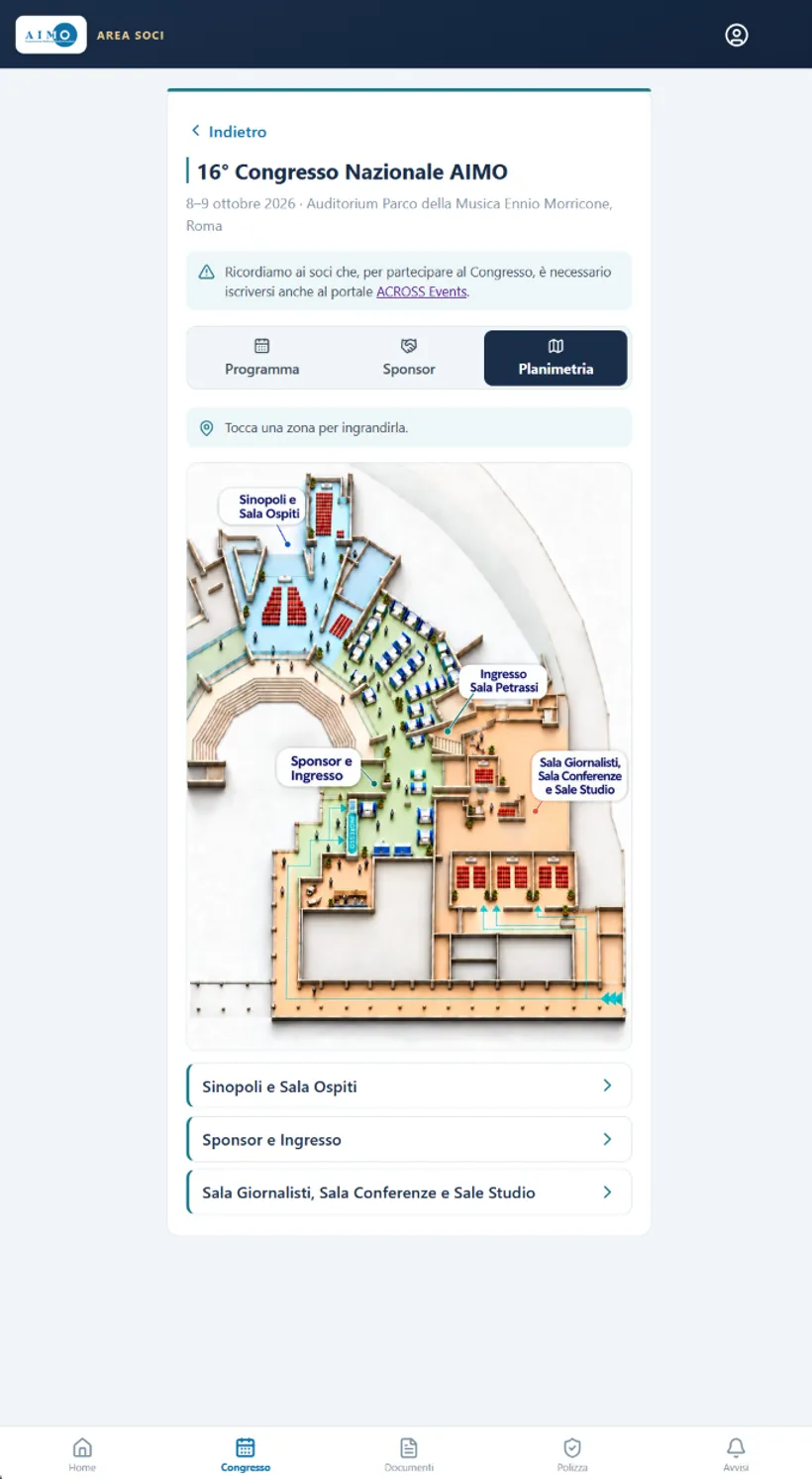 Planimetria del Congresso nella Web App AIMO con mappa 3D della sede e aree evidenziate.