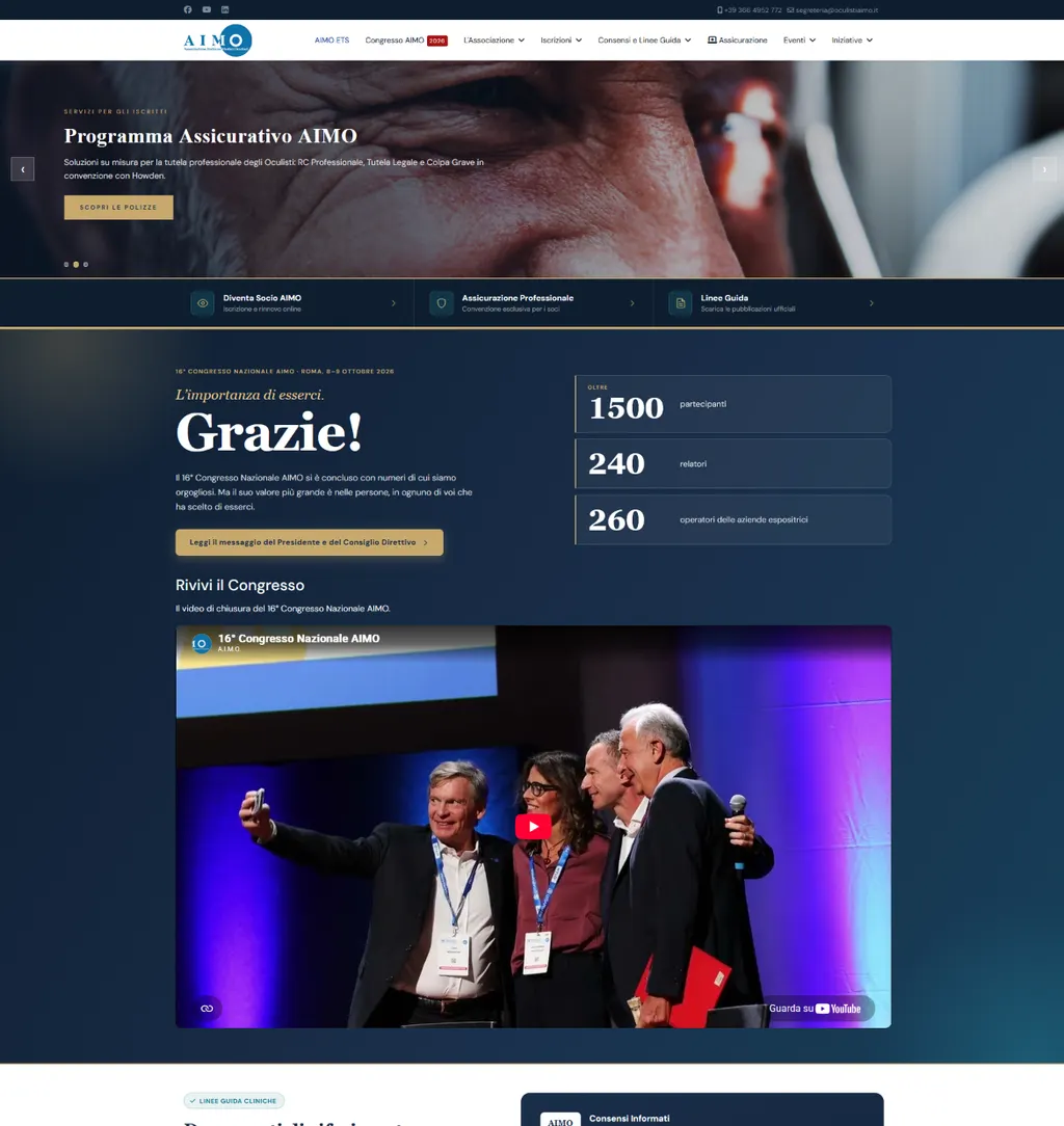 Homepage del sito AIMO con hero scuro, Programma Assicurativo in evidenza e barra di navigazione.